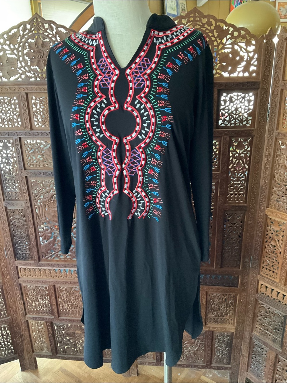 Attitudes by Renee Black Midi Dress with Red, Blue, Green Embroidery